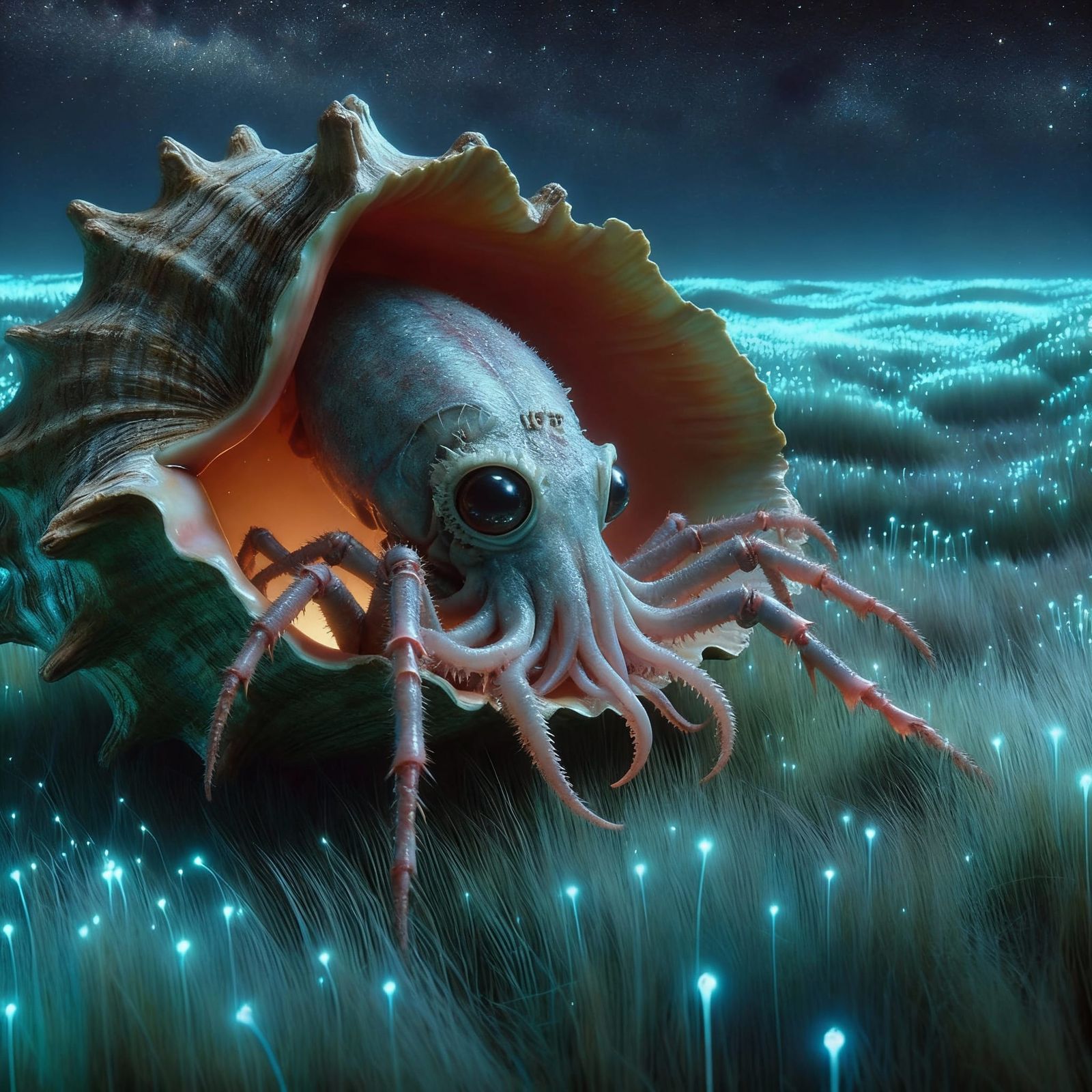 Alien Hybrid Creature in Giant Conch Shell on Bioluminescent...