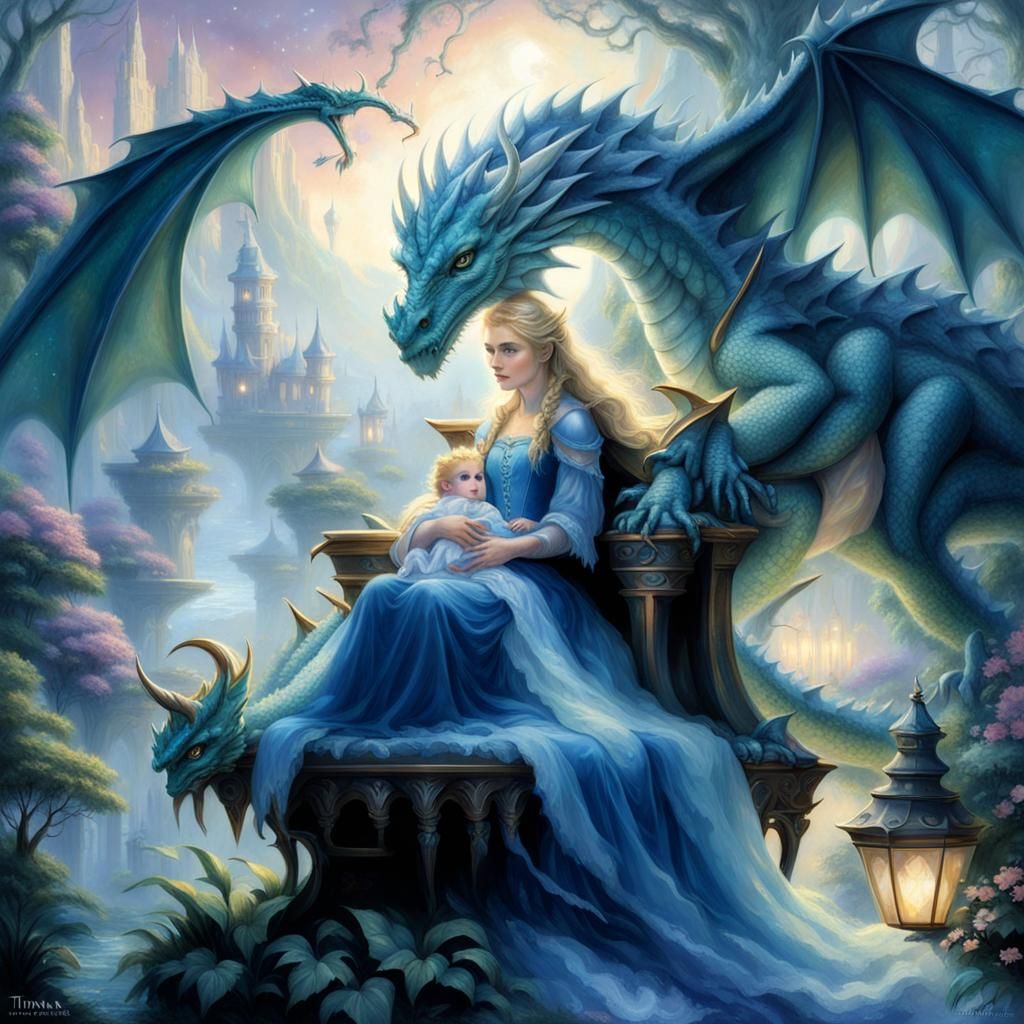 Girl with Baby Dragon on Throne