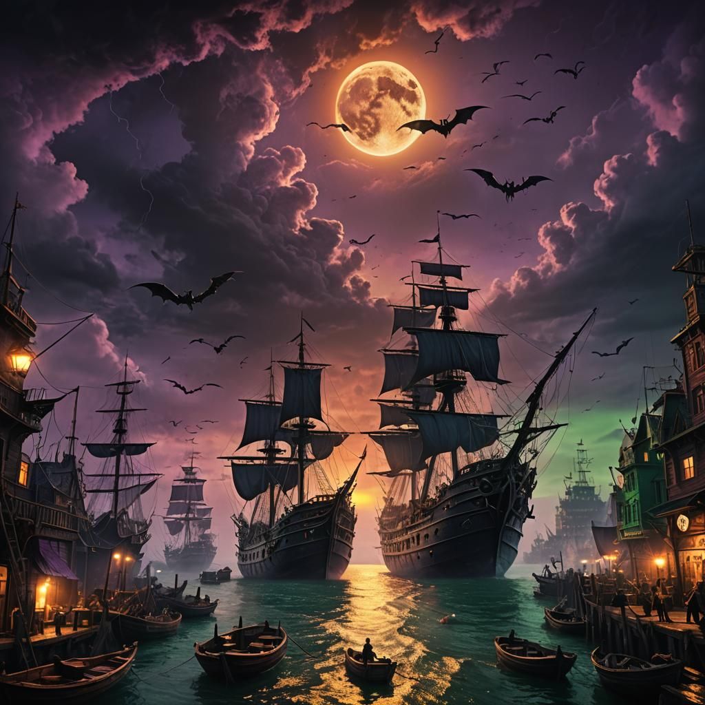 Dark Fantasy Harbor Under Black Moonlight