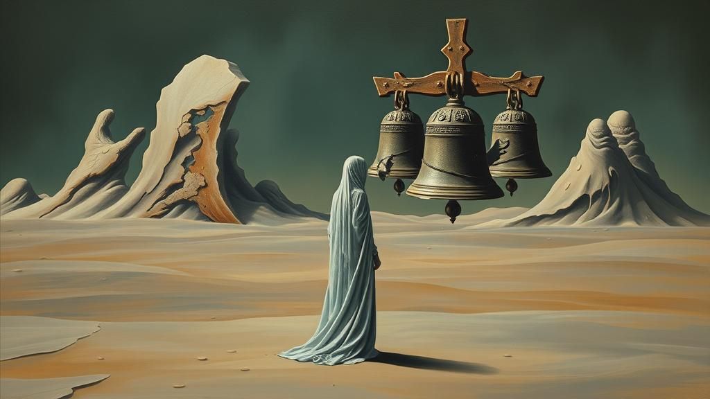 Surreal Figure in Melting Landscape with Church Bells