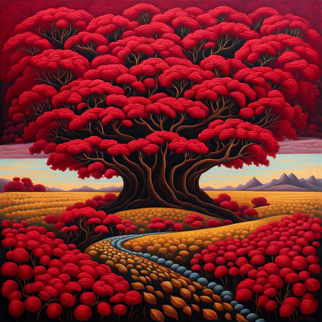 Surreal Painting of a Hidden Presence in Crimson and Gold