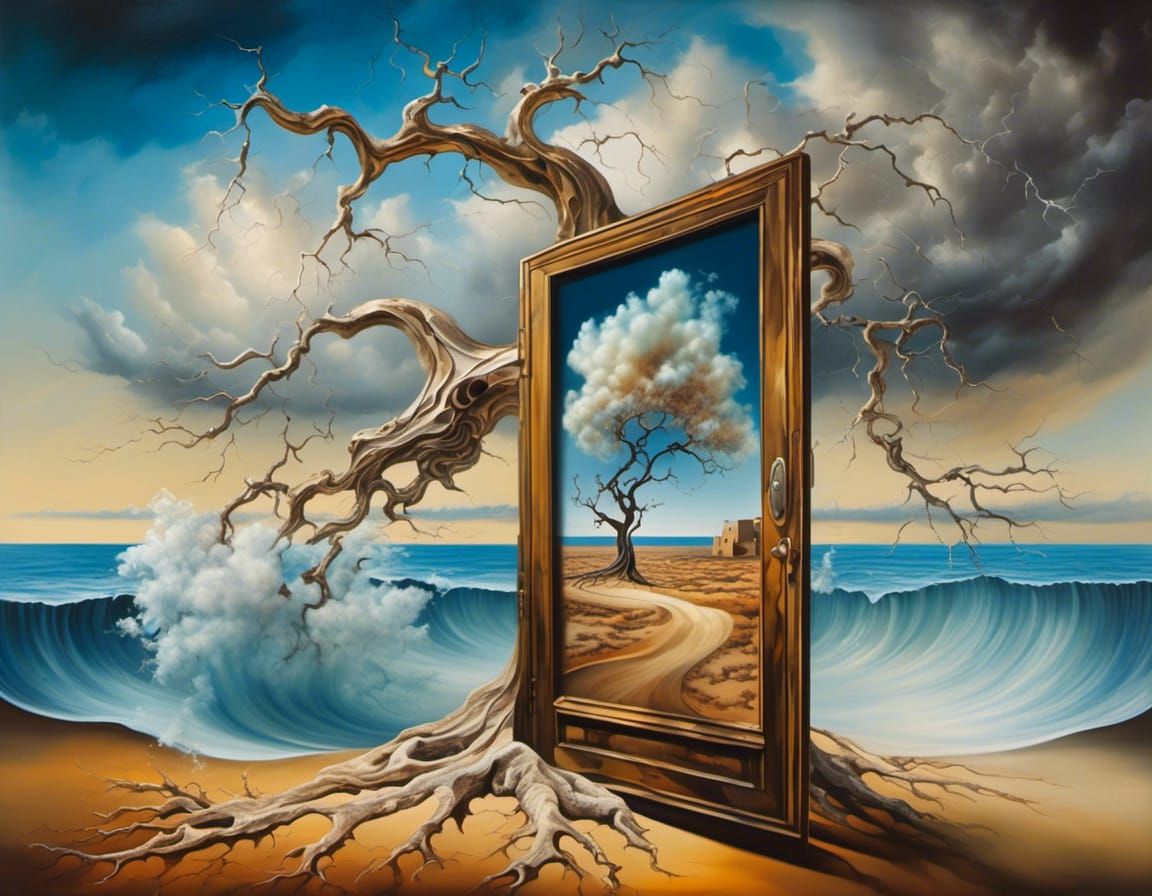 Surreal Desert Landscape with Bare Tree in Dali Style