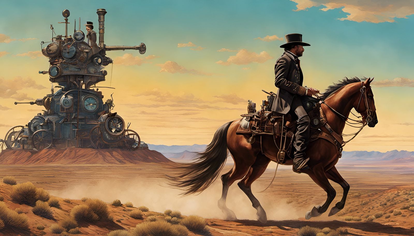 Steampunk Cowboy Mech Chase in High Desert Panorama