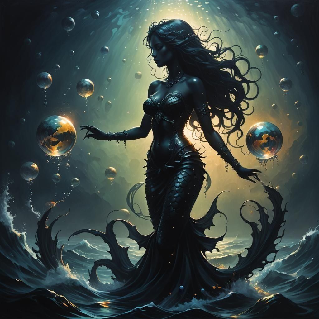 Dark Fantasy Mermaid Silhouette in Oil Painting Style