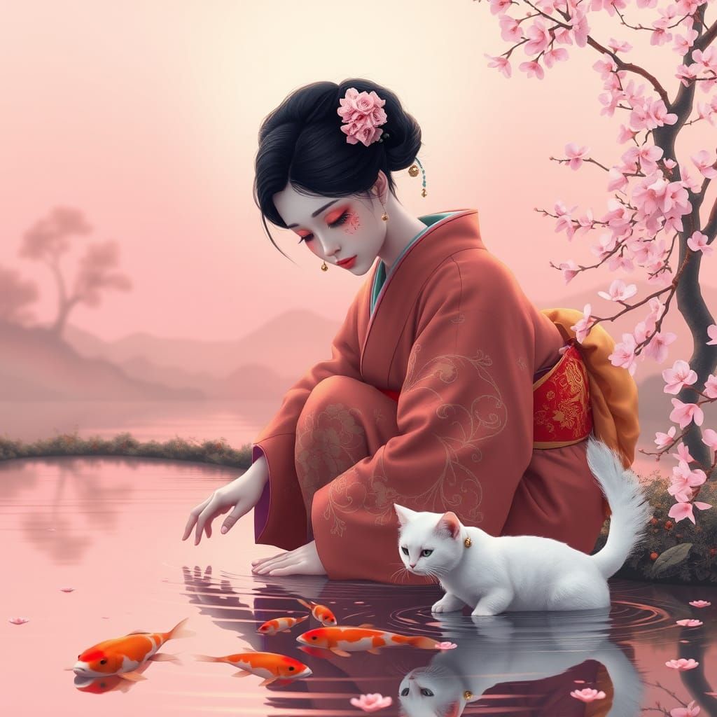 Geisha and Cat by Koi Pond in Ukiyo-e Style