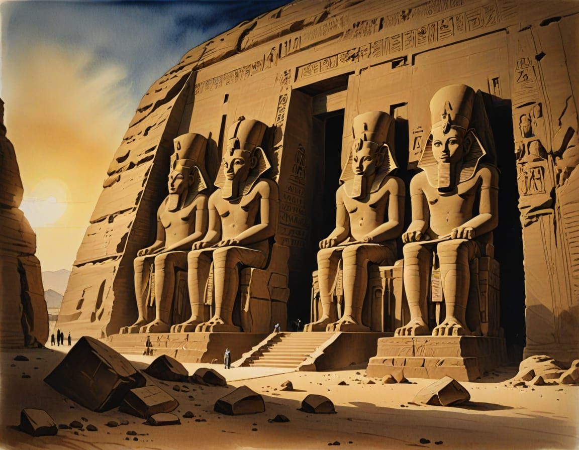 Temple of Abu Simbel: Romantic Watercolour Painting