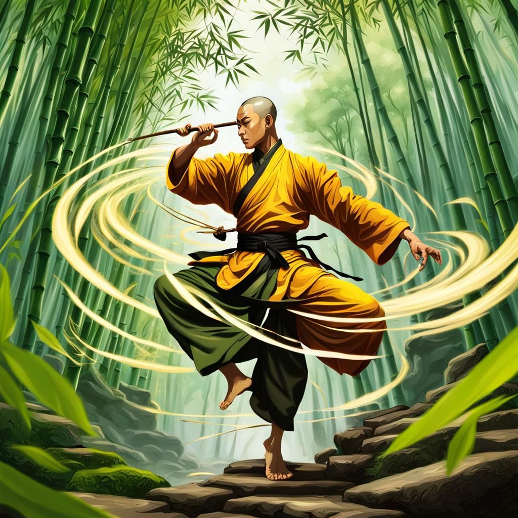 Shaolin Monk Uses Wind in Bamboo Forest