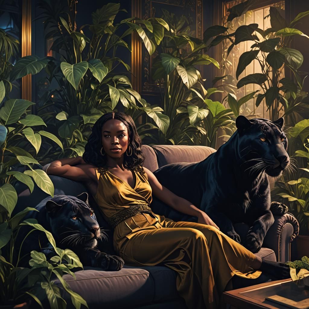 Woman with Black Panther in Moody Matte Painting