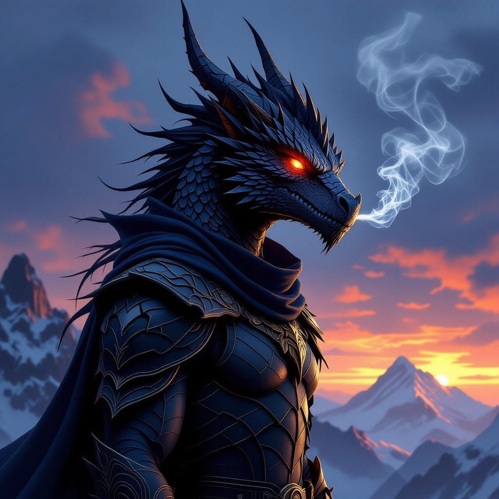 Regal Dragon-Human Warrior on Mountain Peak