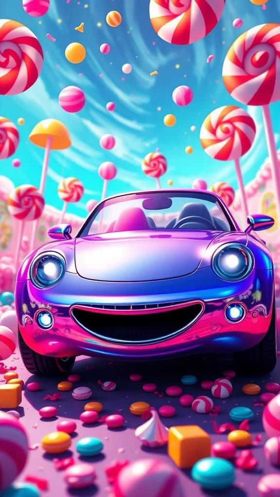 Smiling Car in Candyland: Digital Art Illustration