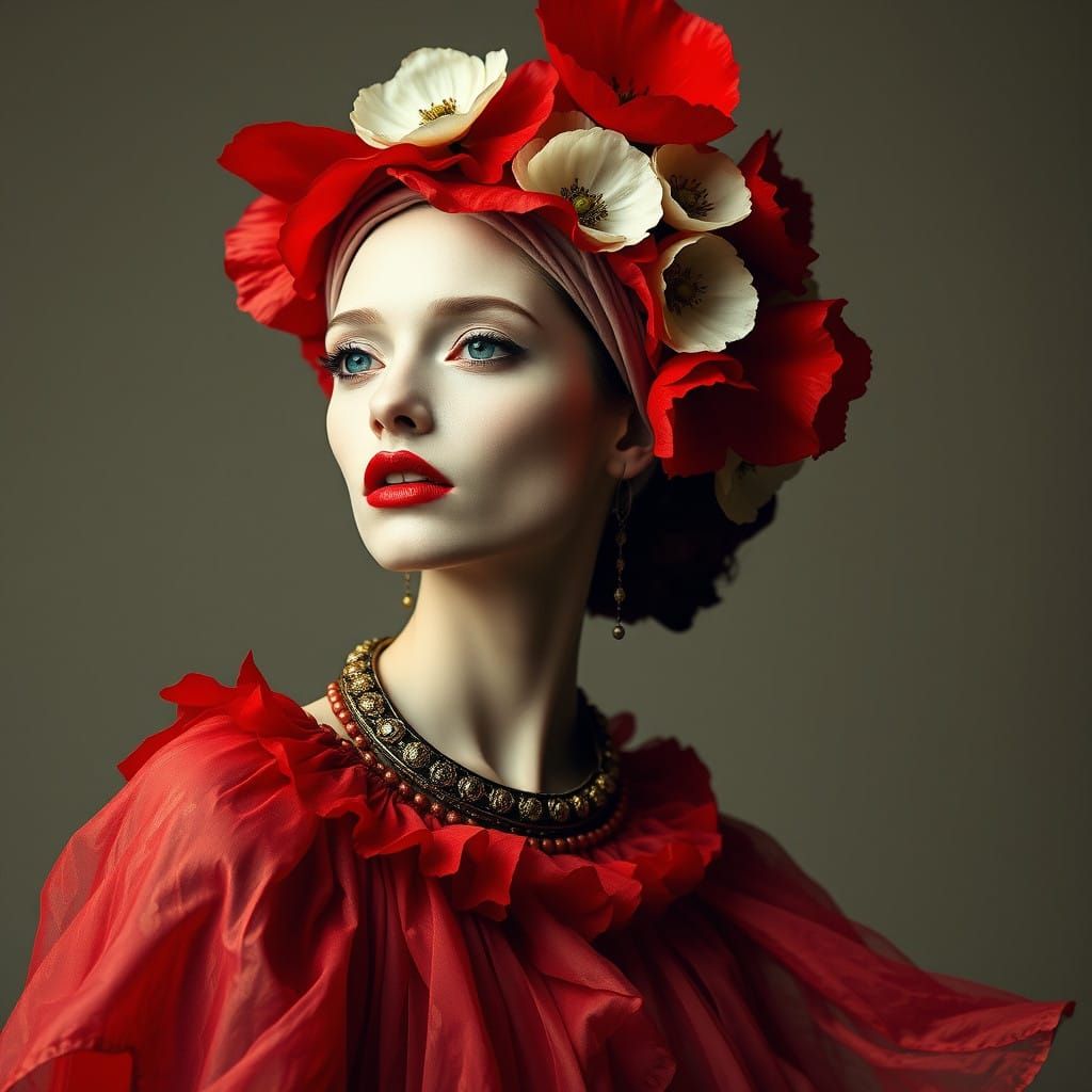 Surrealist Goddess in Poppy Attire, Picasso-Inspired