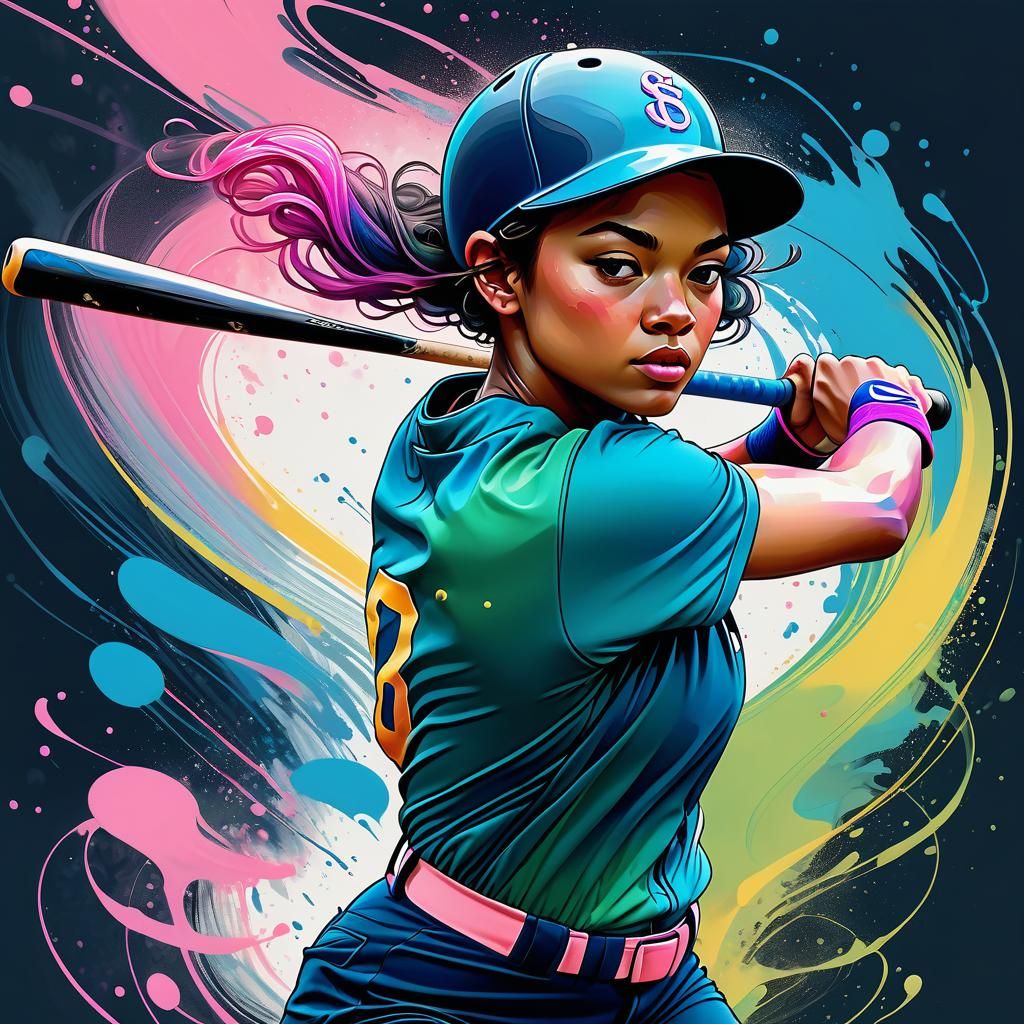 Female batter in mid-swing