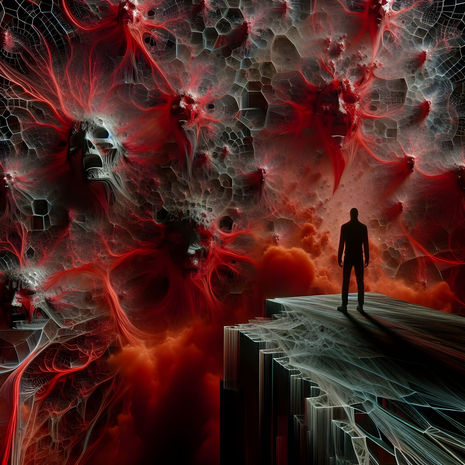 Hyperrealistic Figure Emerging from Shattered Reality