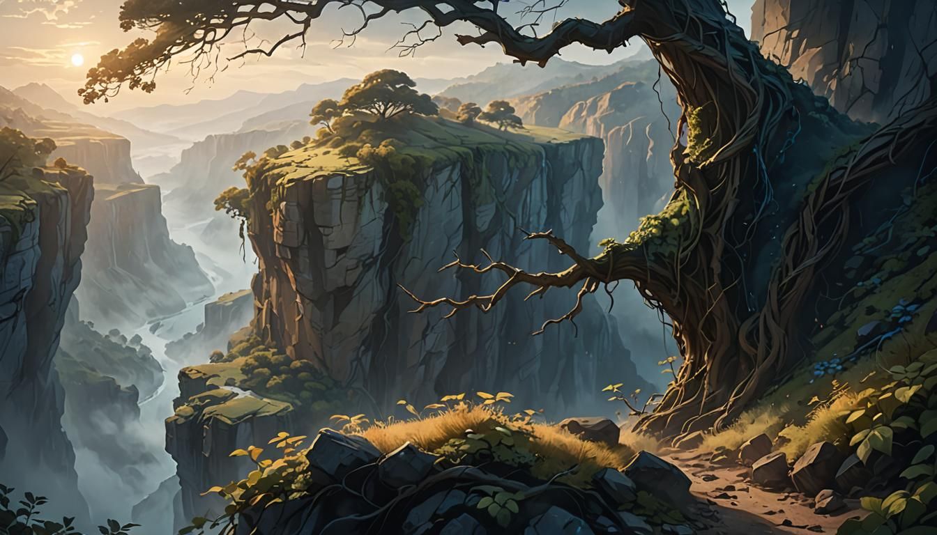 Cliffs Joined by Branch in Golden Hour Light