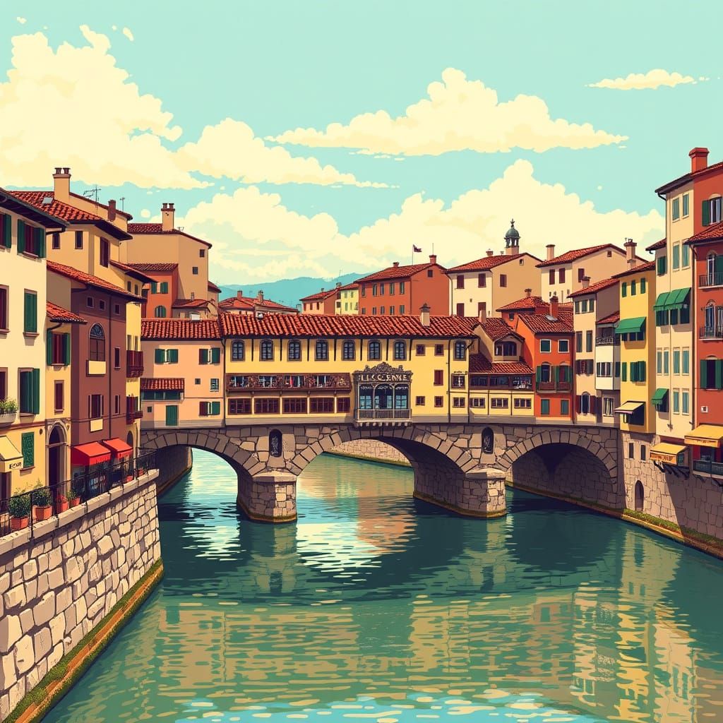 Medieval Ponte Vecchio in Vibrant Pixel Art Style