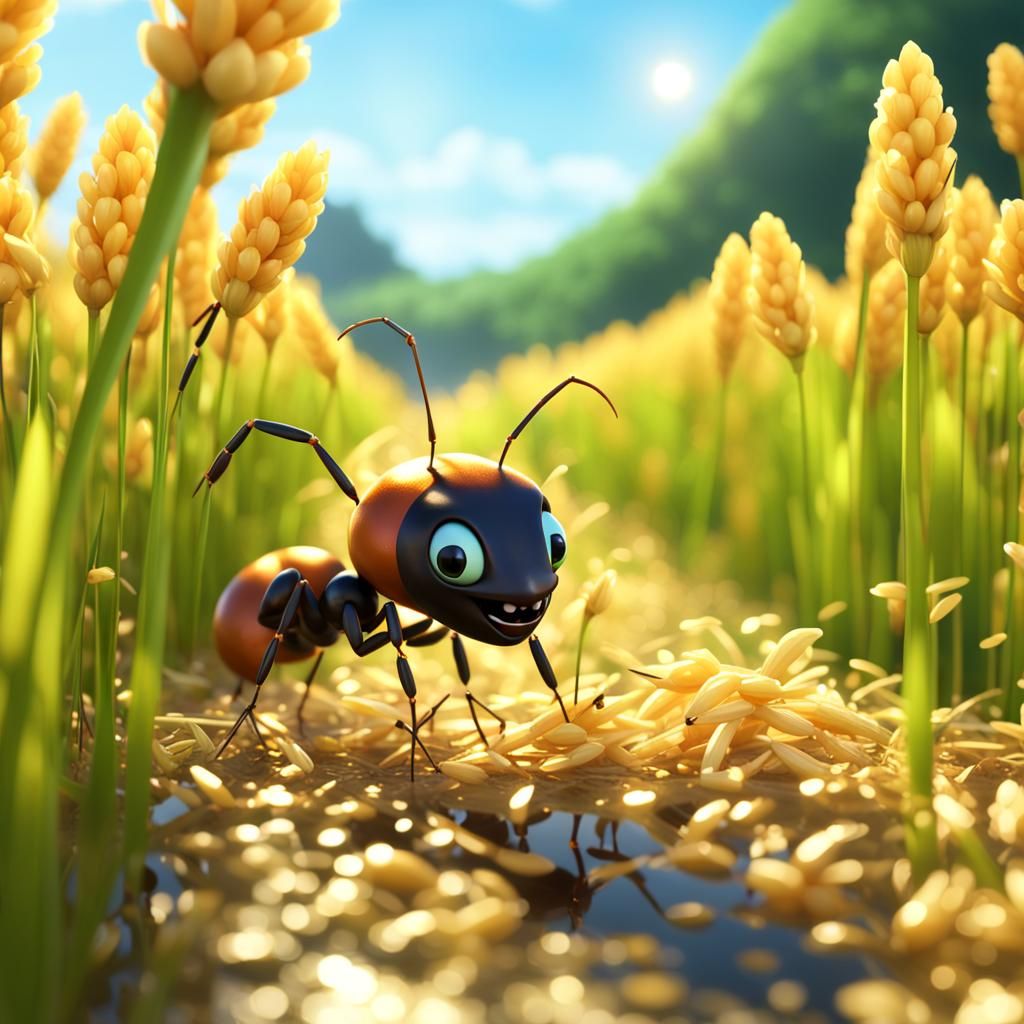 Ant Carrying Rice in Golden Field, Pixar Style