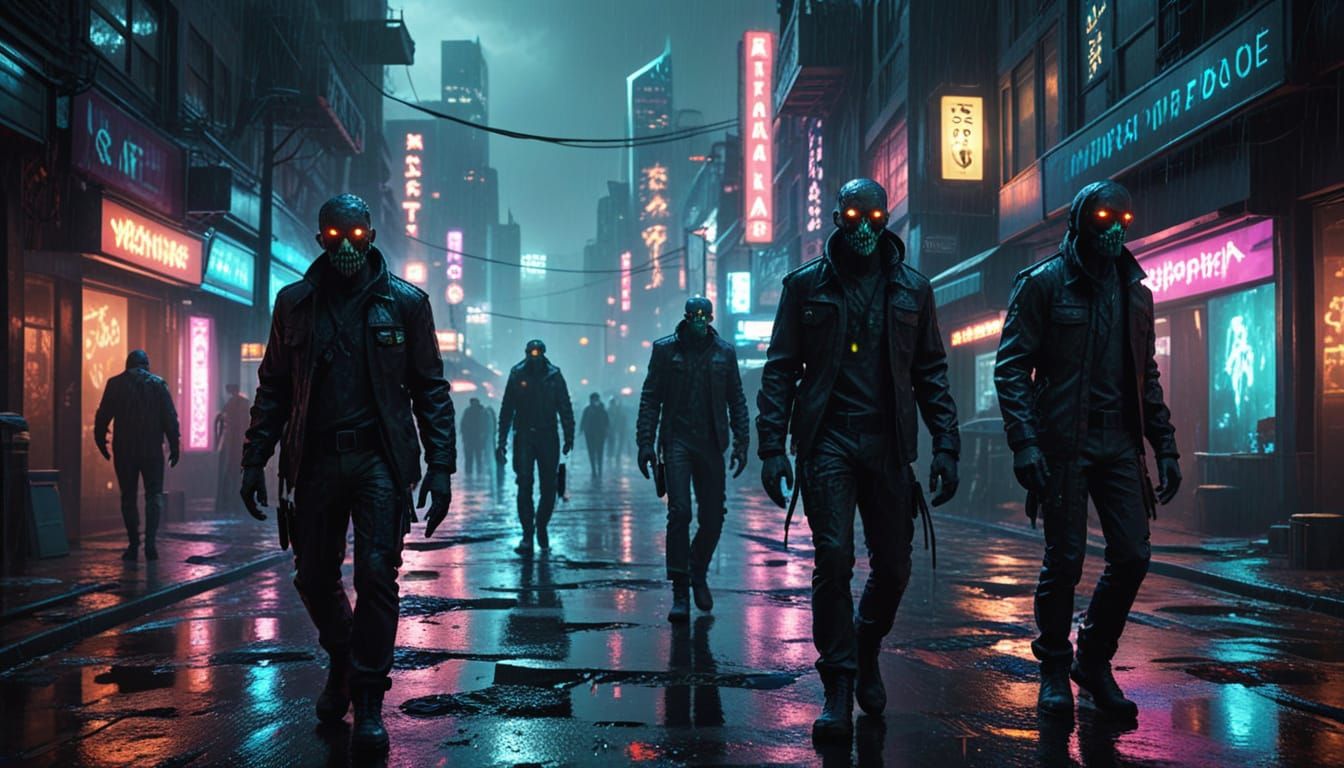 Bioluminescent Zombies in Neon Futuristic City