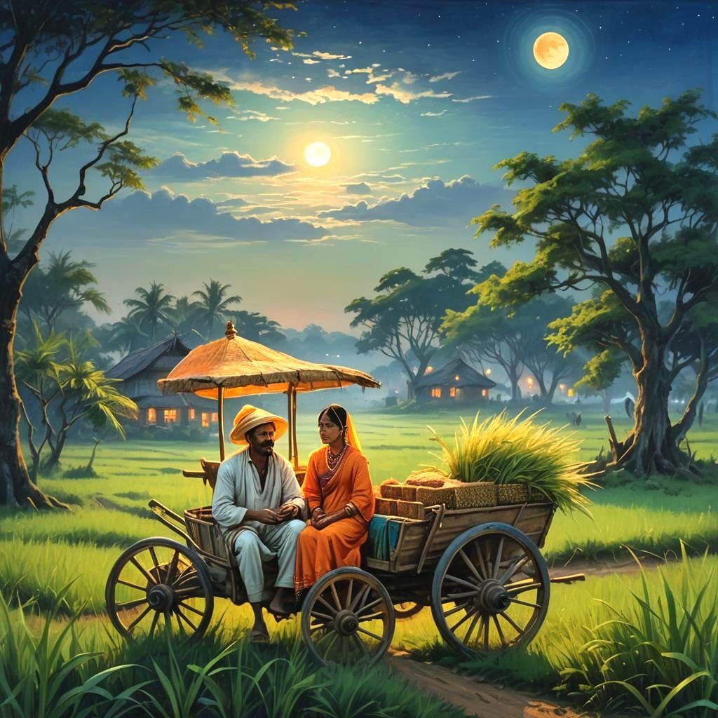 Picturesque Village Scene with Paddy Cart, Digital Art