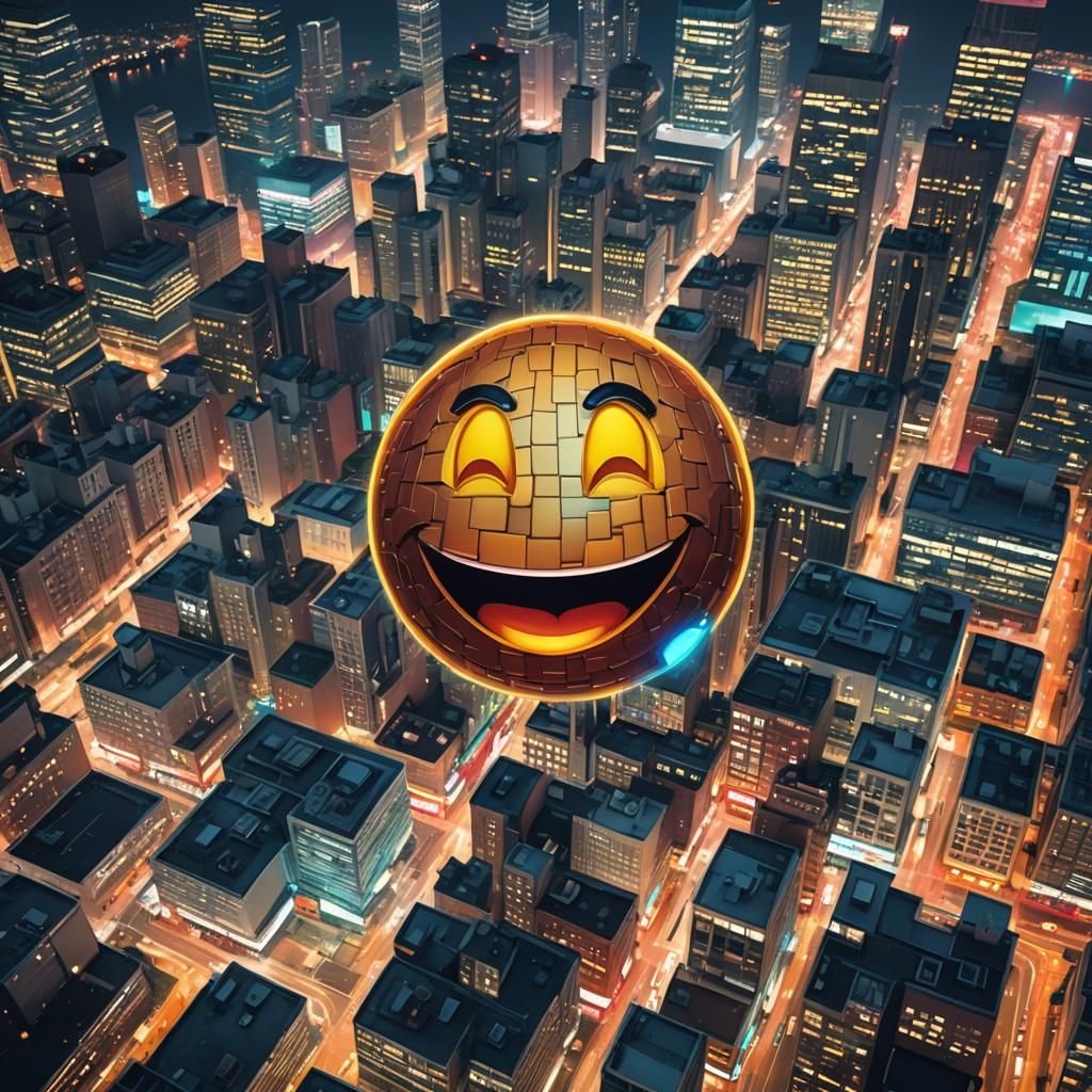 Giant Emoji Smiles Over City in Pop Art Style
