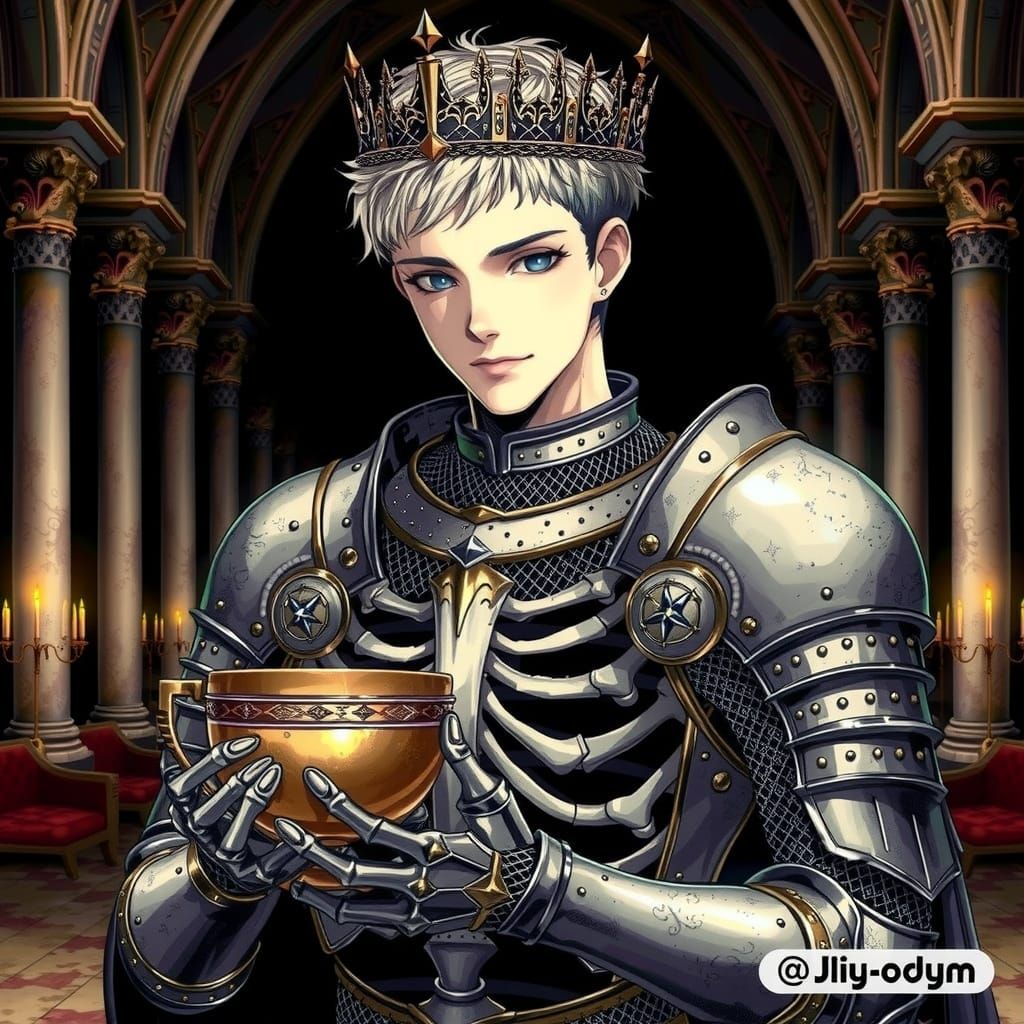 Anime Knight in Ornate Castle Hall, Studio Trigger Style