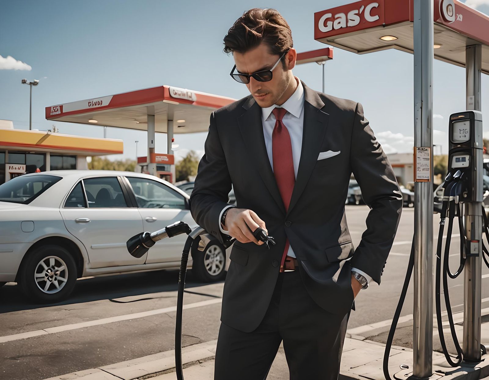 Business Man Pumping Gas in the Sun