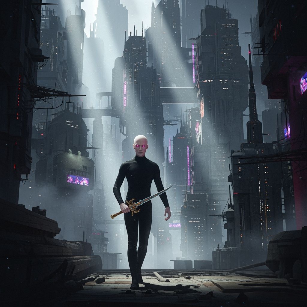 Albino Figure in Dystopian City Maze with Ornate Dagger
