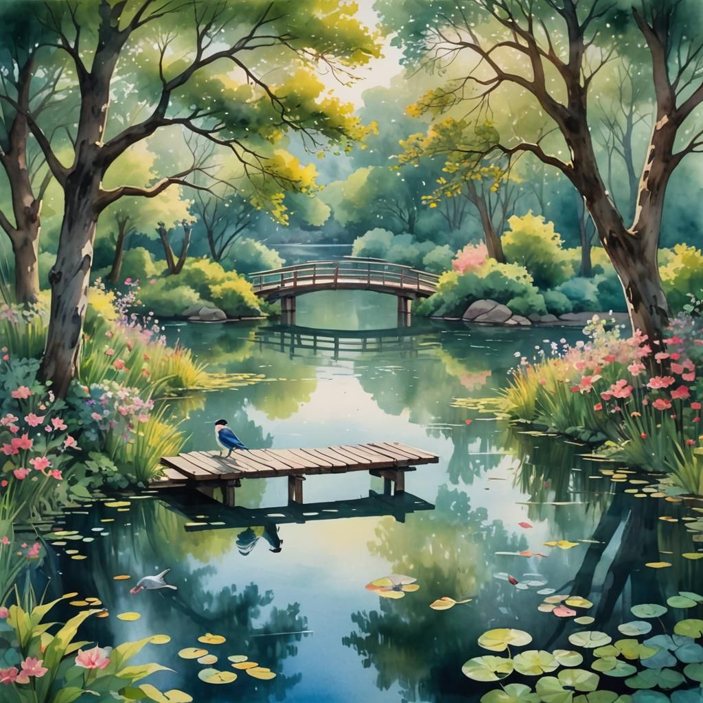 Surreal Lake with Bridge in Watercolor Style