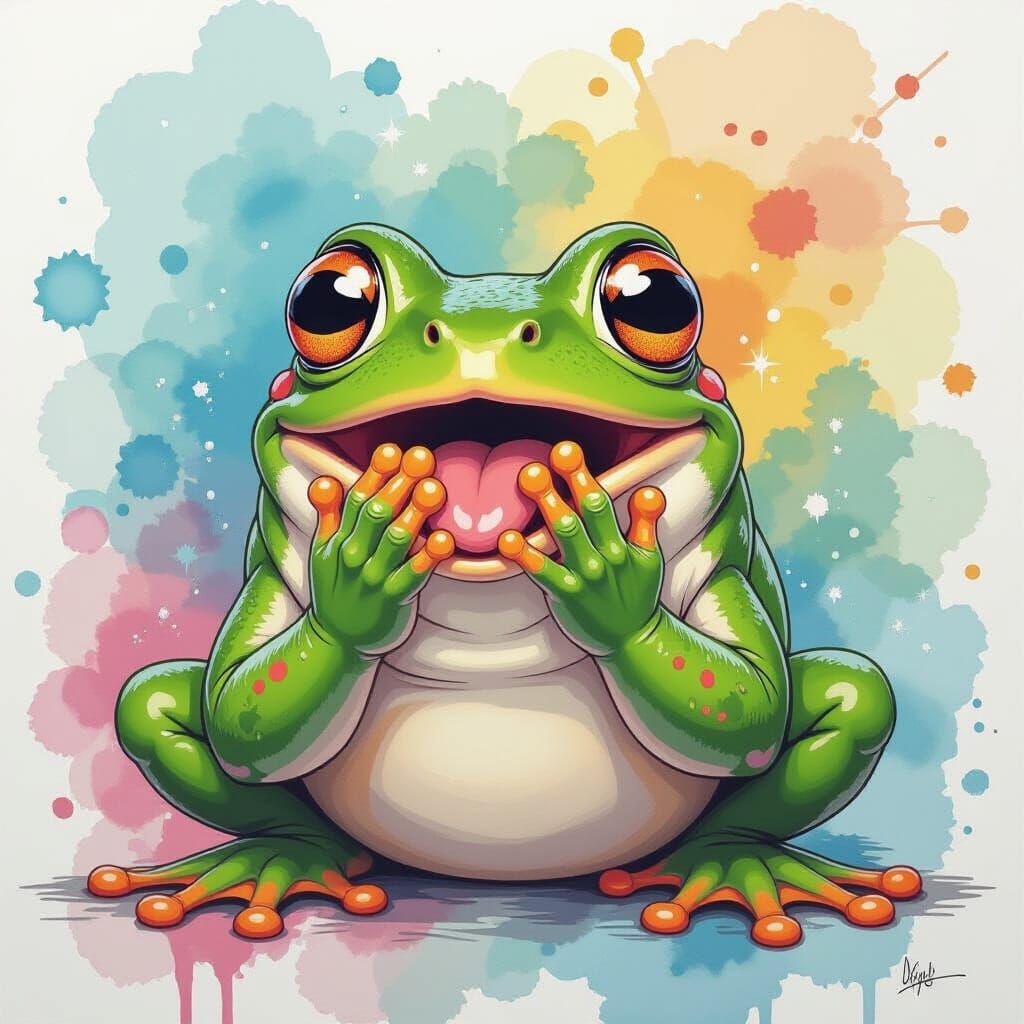 Shocked Frog in Watercolor Ink Splatter Style