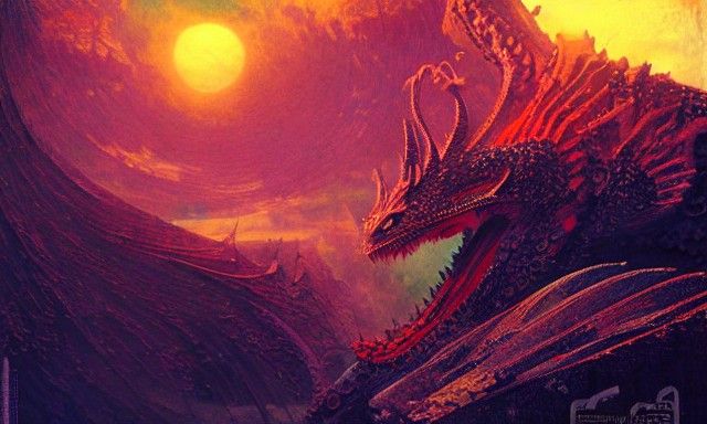 Dragon Sunset in Retrofuturistic Art Deco Style
