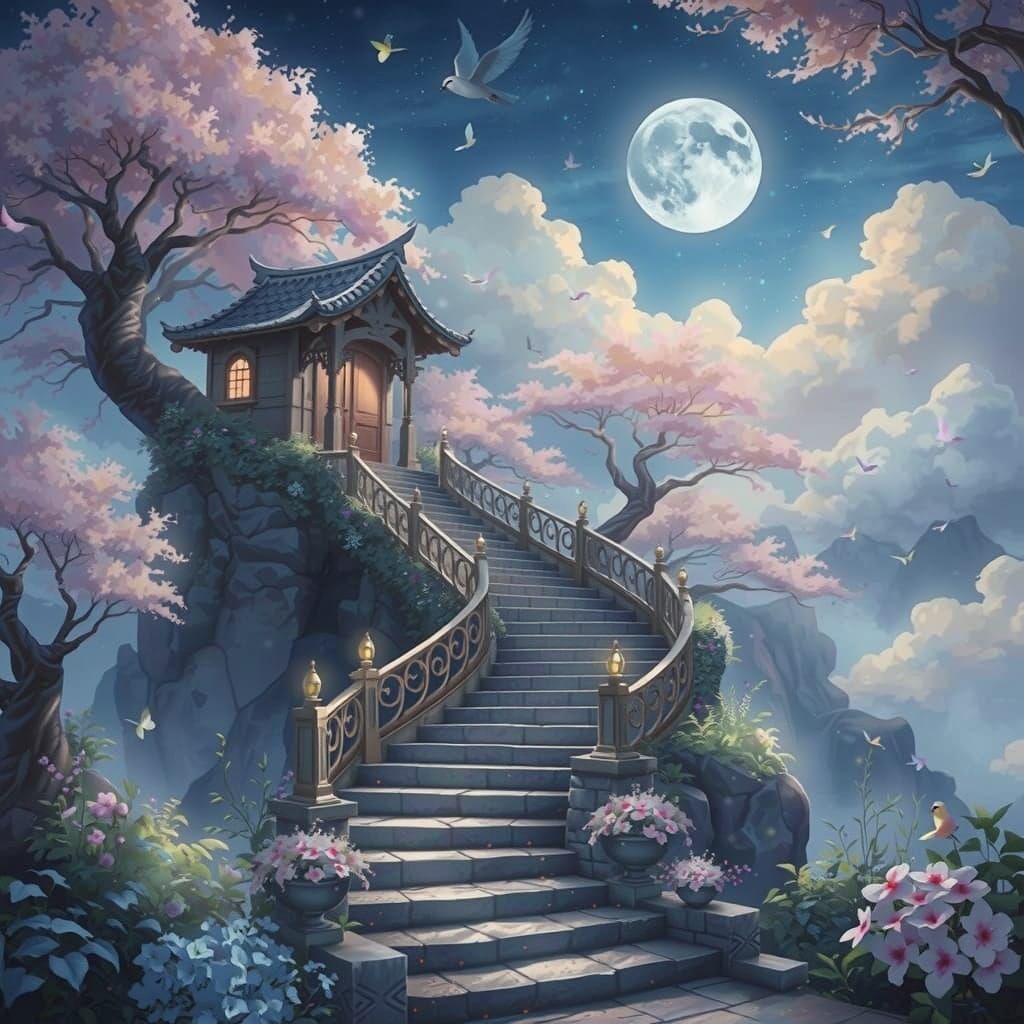 Ethereal Stairway to Mountain Shrine in Anime Realism