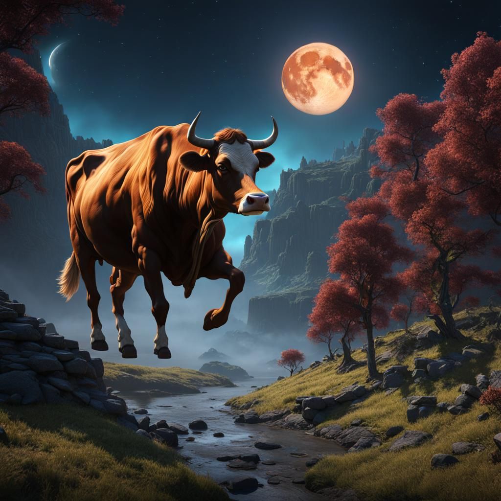 Cow Jumping Over the Moon in Detailed Matte Painting