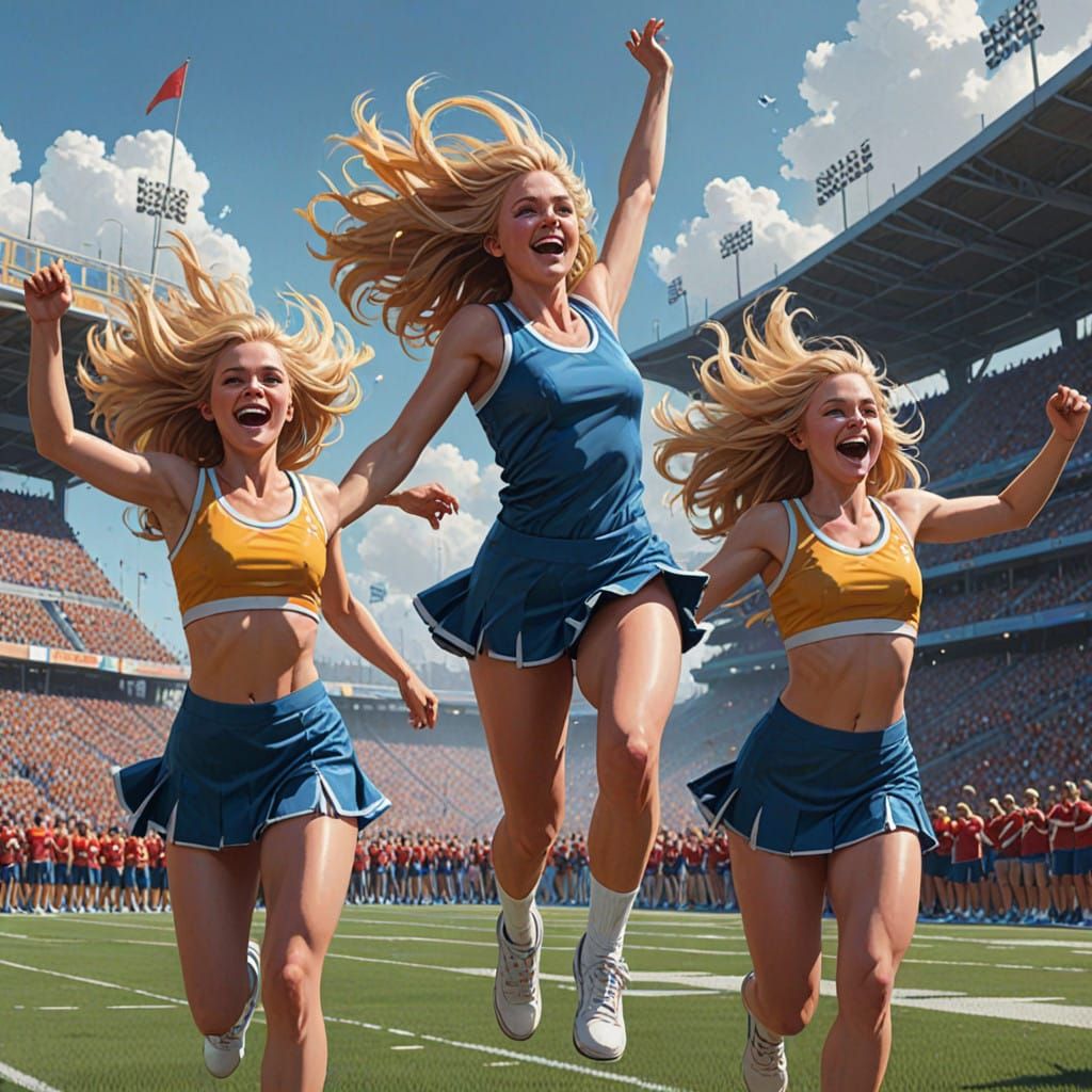 Vibrant Cheerleaders in Bold Brushstrokes, Set Against a Liv...