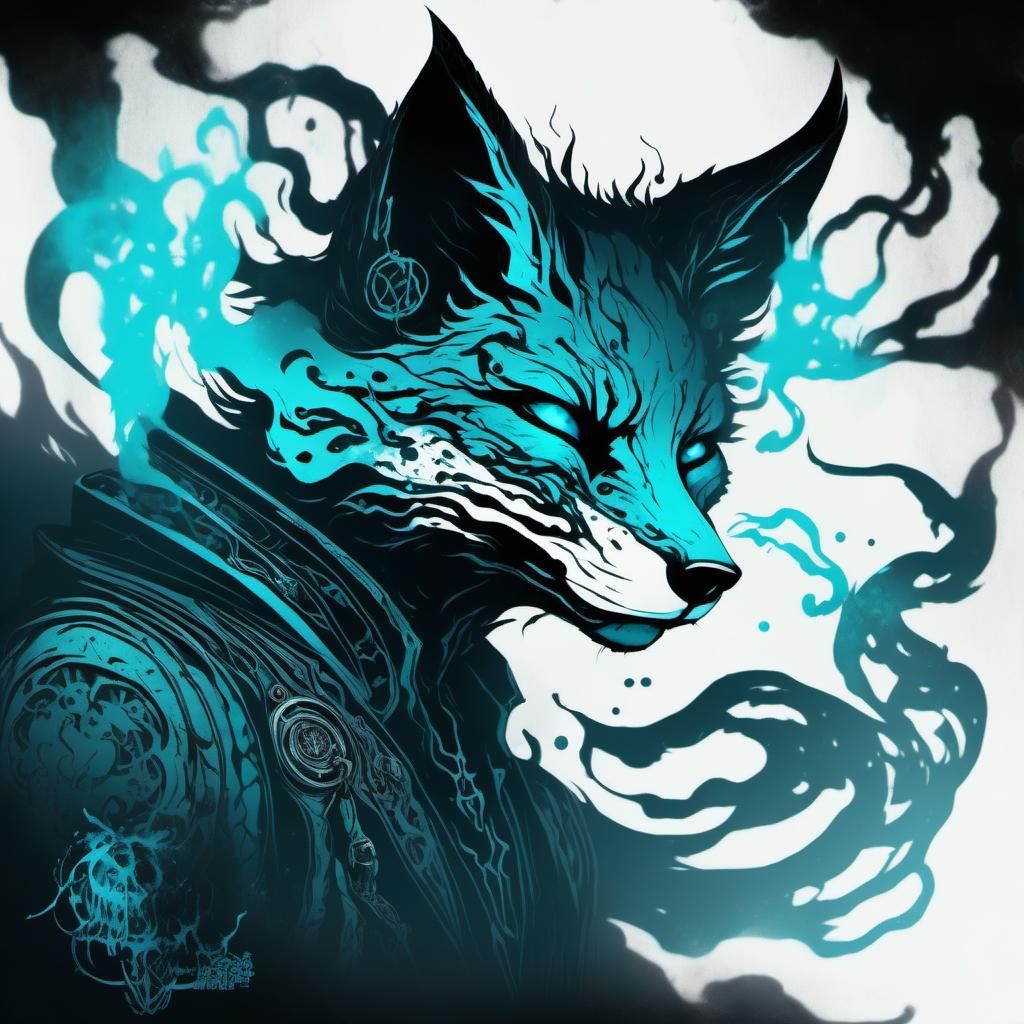 Mythic Fox in Dark Fantasy Japanese Ink Art