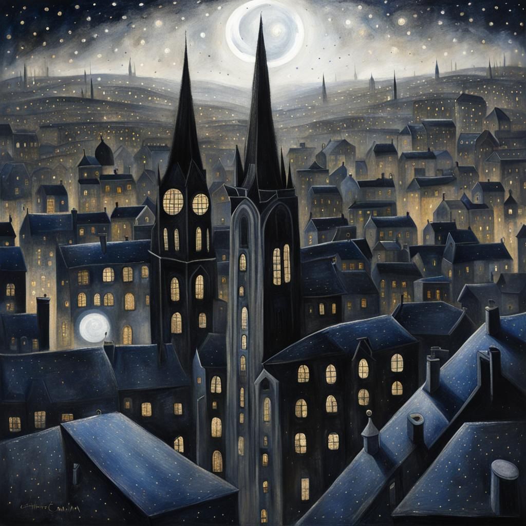 Starry Night Cityscape Illustration in Monochromatic Blue