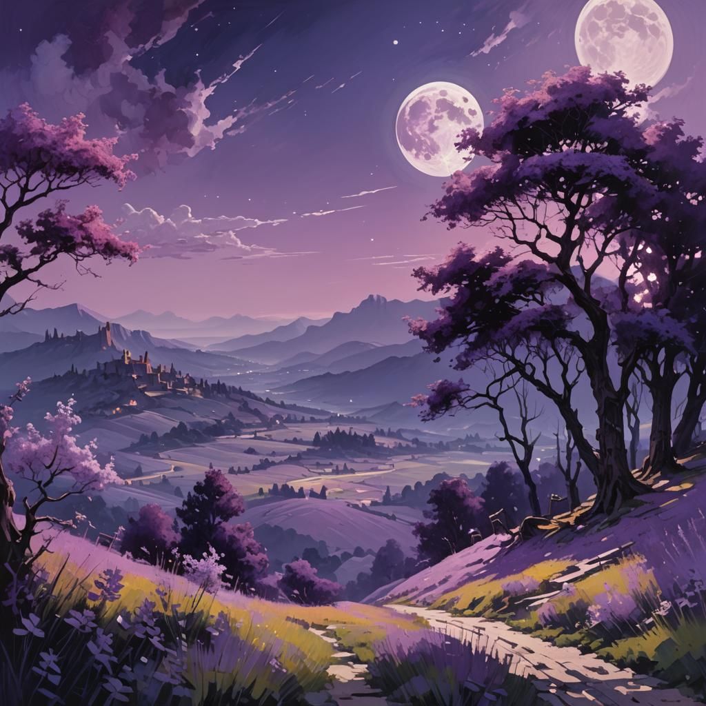 Purple Summer Night Landscape with Huge Moon