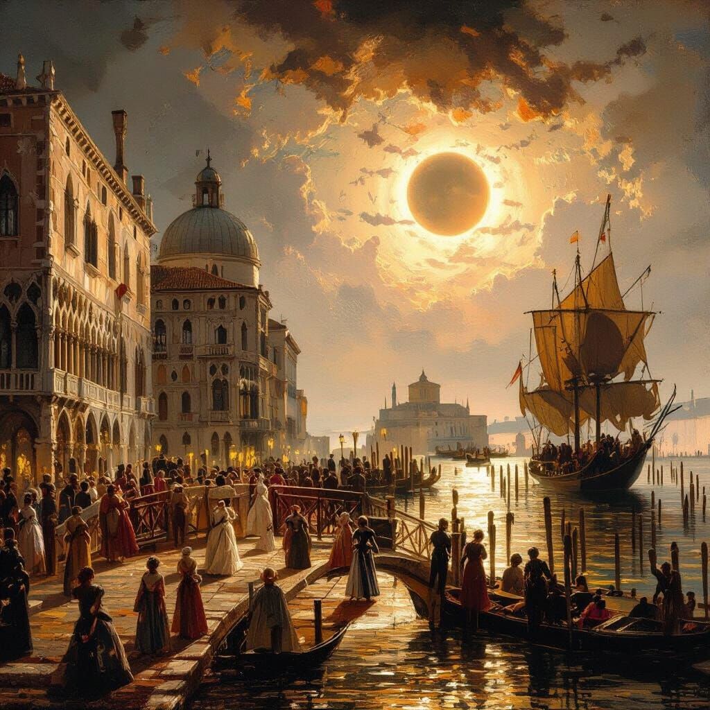Venice Sunset Eclipse in Golden Impressionist Style