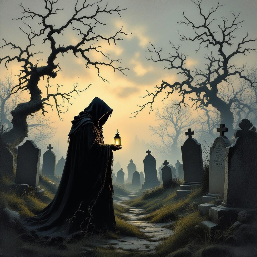 Eerie Cemetery Scene with Cloaked Figure