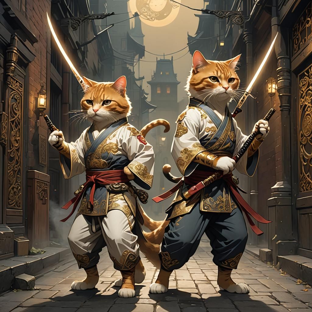 Karate Cats in Moonlit Alley: Art Nouveau Style