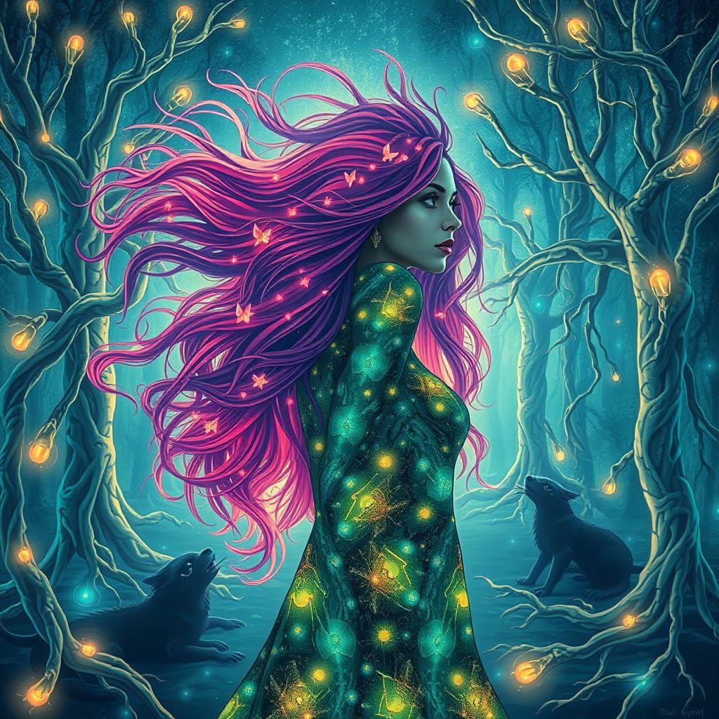 Bioluminescent Forest with Mirror Roots, Ethereal Art