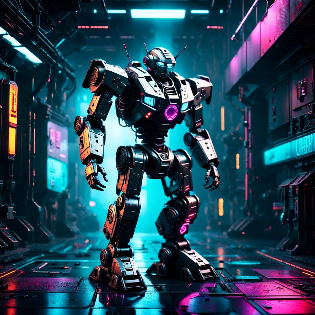 Cyberpunk Mech on Neon-Lit Metallic Floor