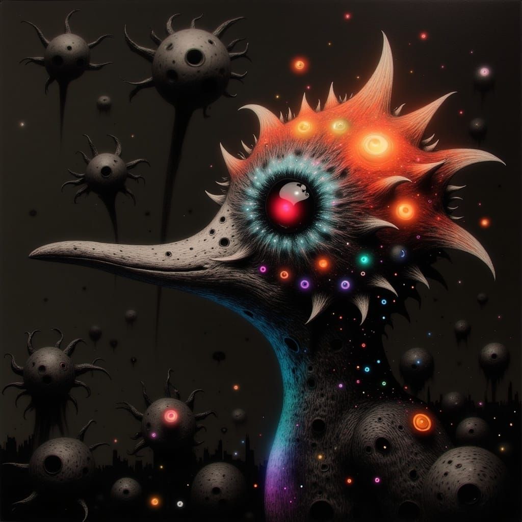 <lora:AmongTheDark:1.0> Super close up, hummingbird but from hell, evil horror monsters everywhere vibrant contrasts dar...