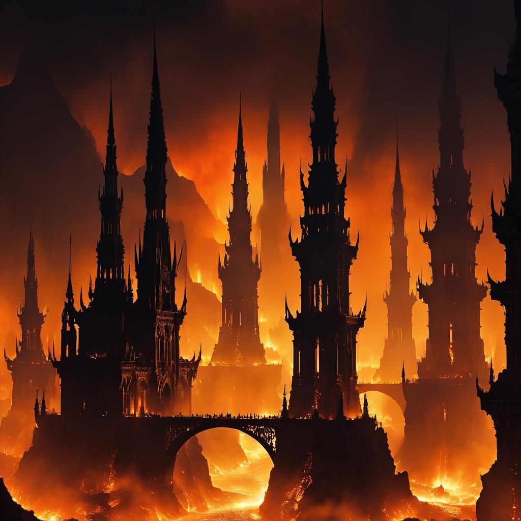 Majestic Labyrinthine Cityscape of Hell in Eerie Twilight
