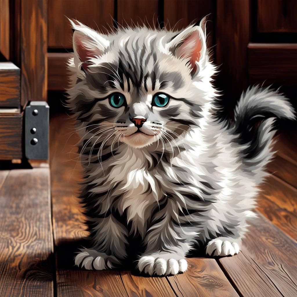 Fluffy Kitten on Wooden Floor in Pre-Raphaelite Style