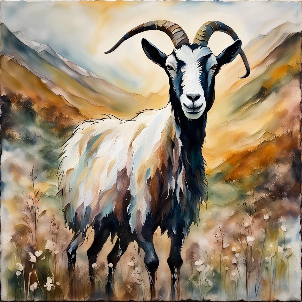 Goat in Misty Meadow: Encaustic Impasto Painting