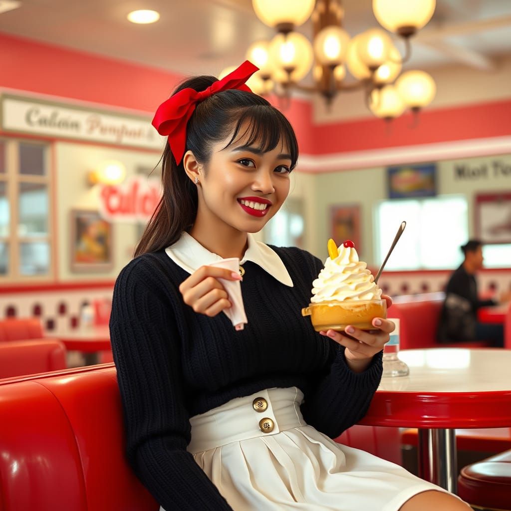 Thai American Woman in 1950s Ice Cream Parlor