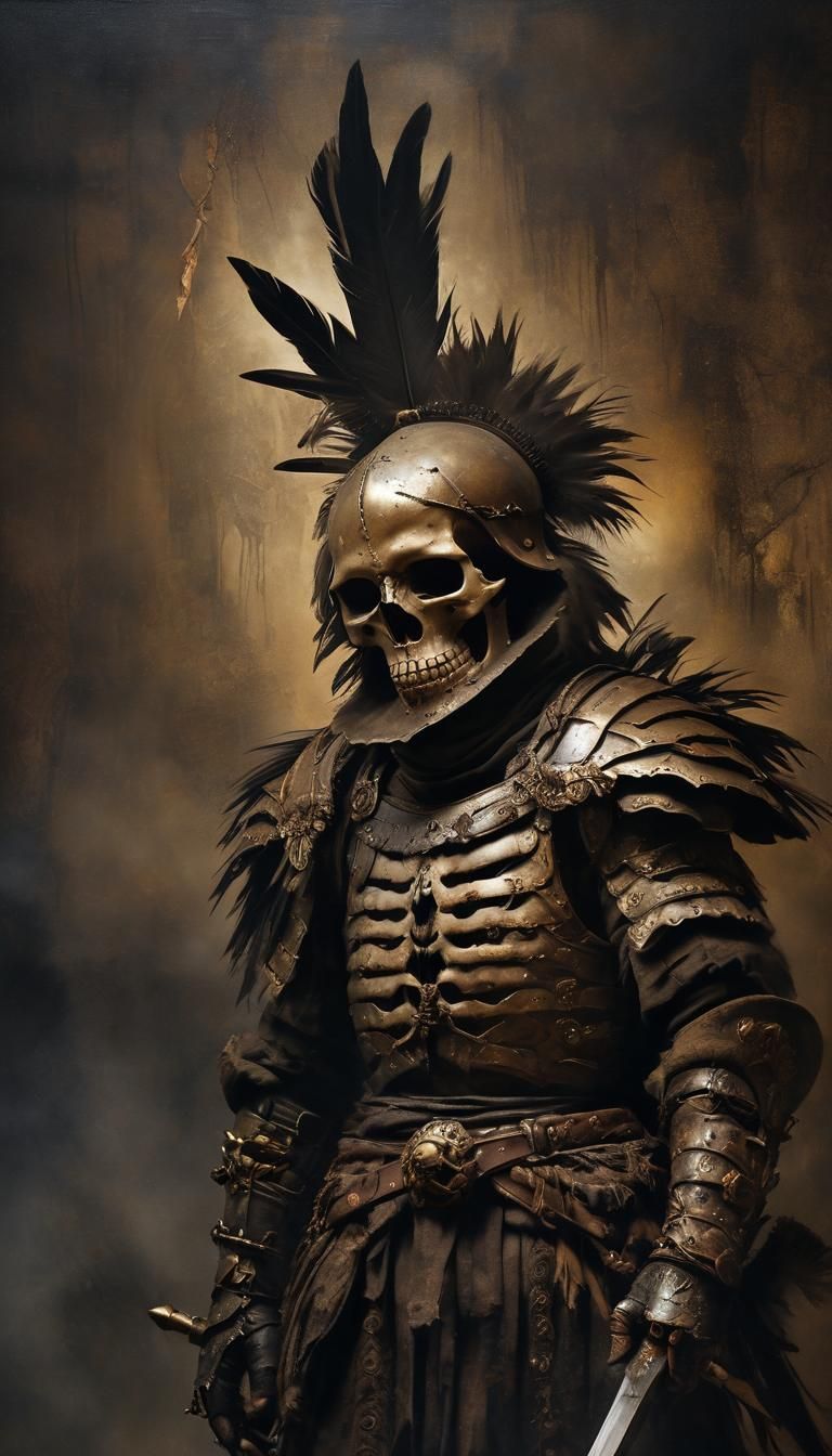 Baroque Oil Painting: Skull Warrior in Sepia
