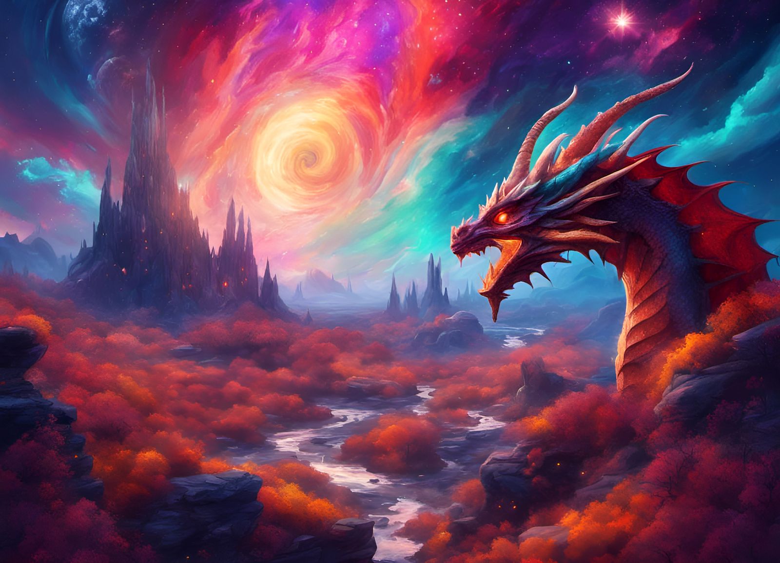 Cosmic Fantasy Land with Dragons in Surreal Style