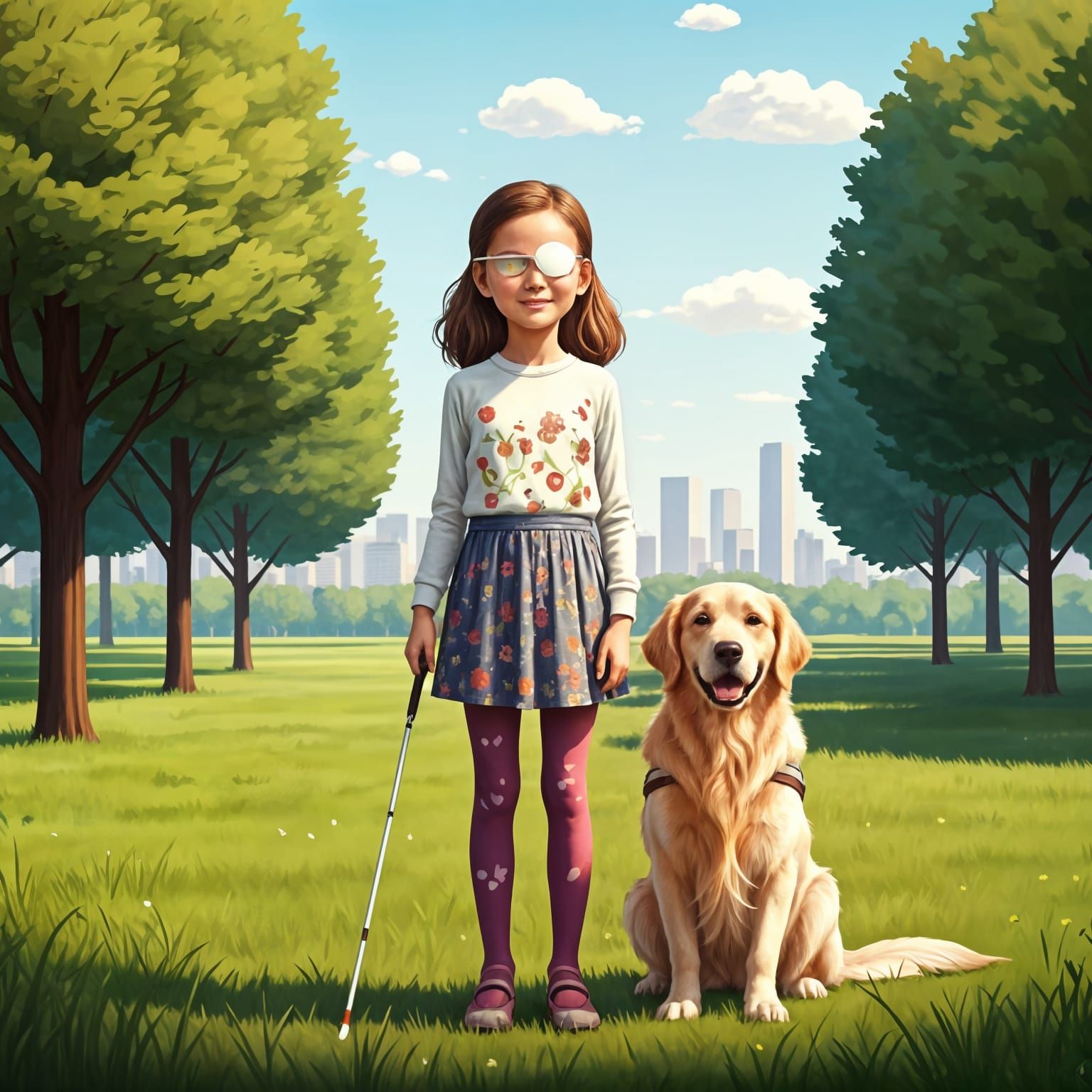 Smiling Blind Girl with Assistance Dog in Park