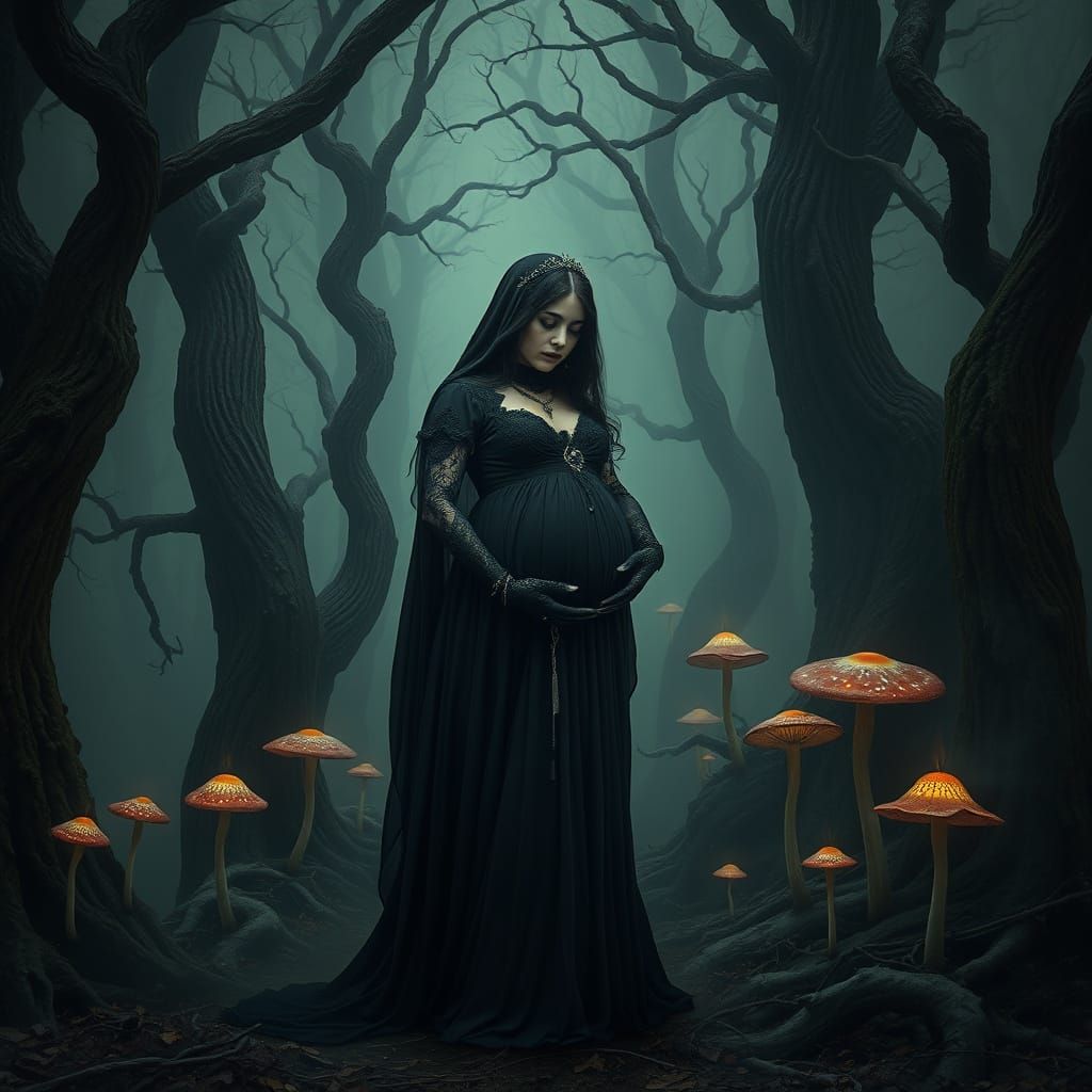 Goth Witch Emerges from Dark Forest Shadows