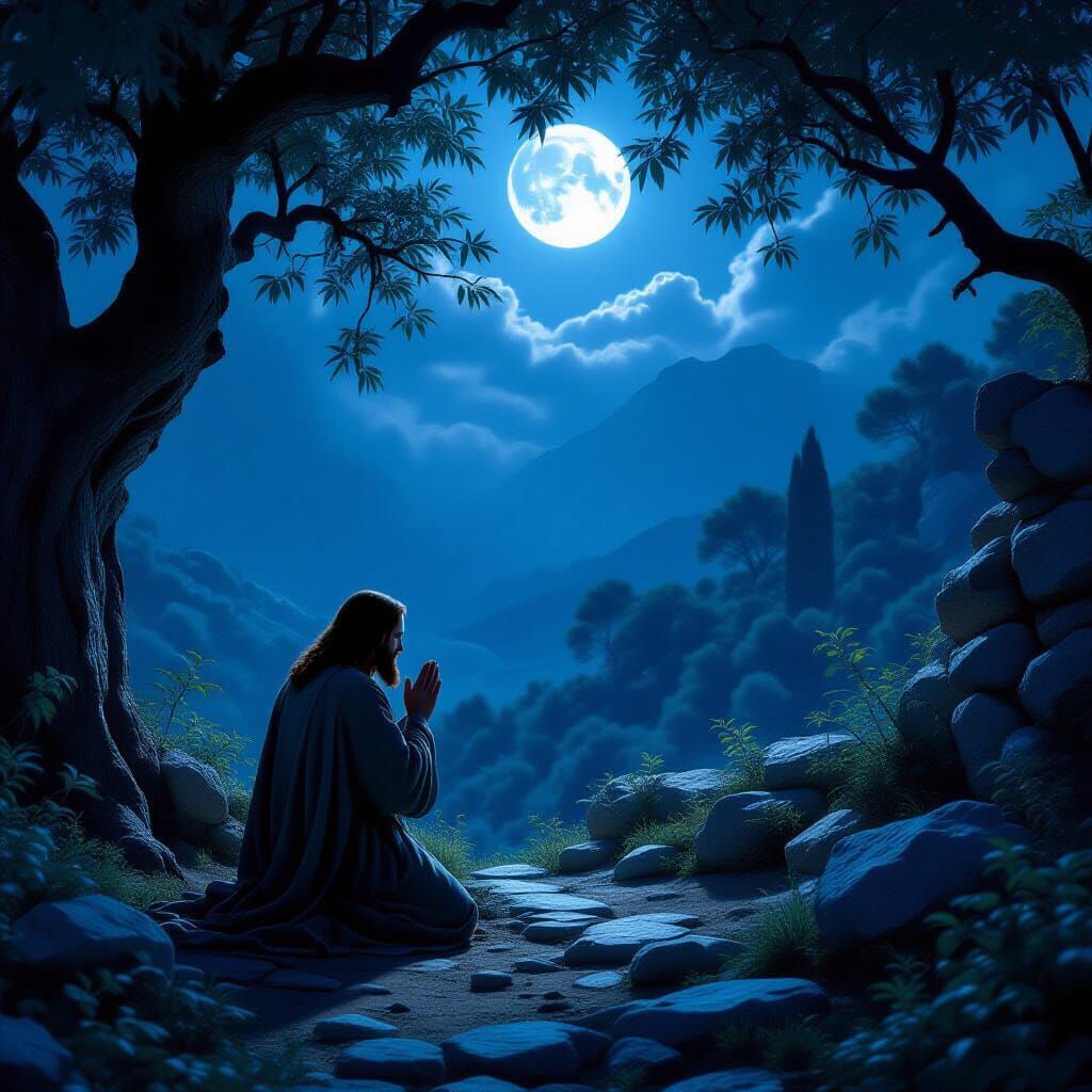 Jesus Praying in Gethsemane Moonlight